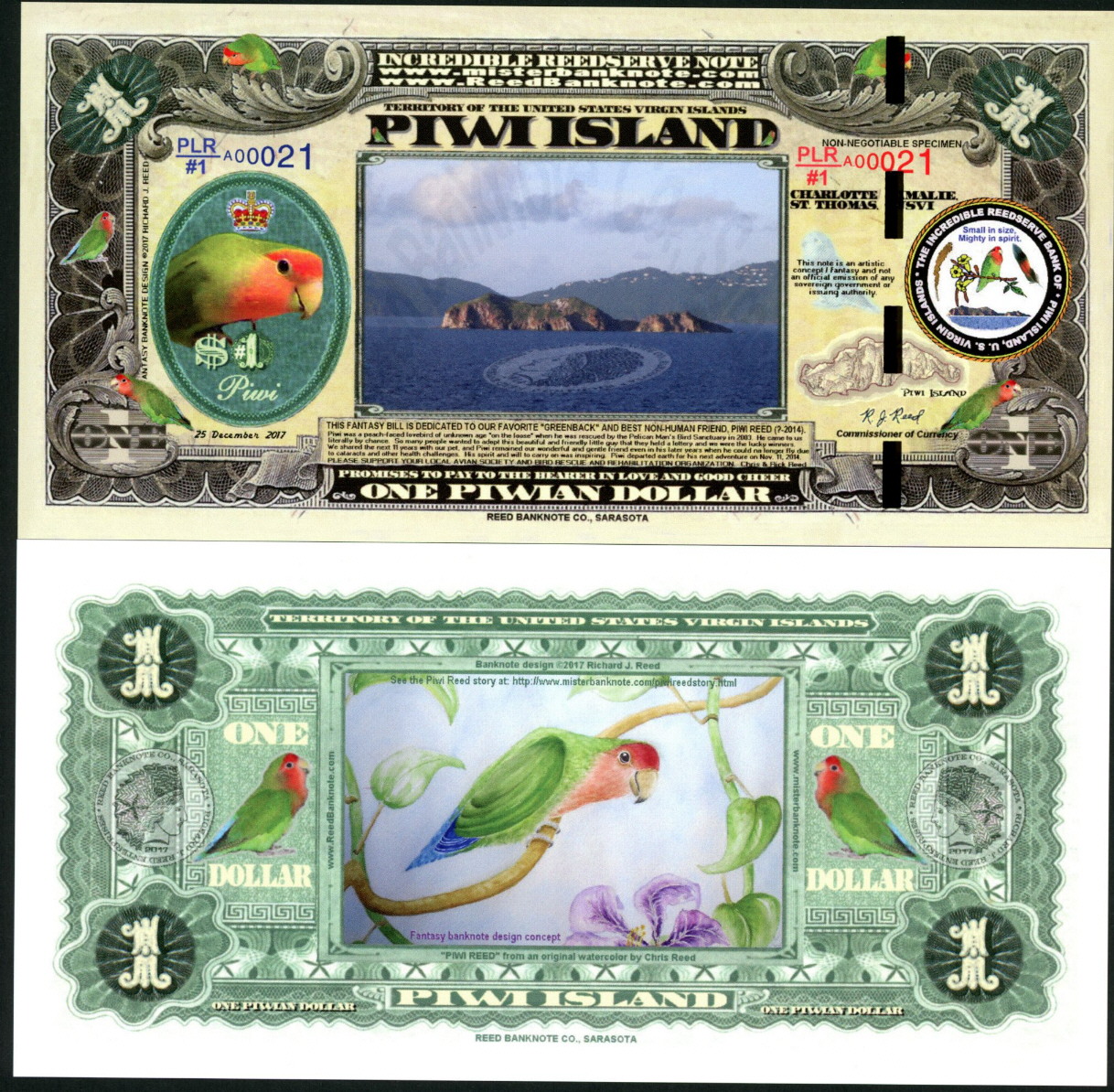1ST ISSUE PIWI ISLAND USVI LOVEBIRD POLYMER 1 PIWIAN $ FANTASY ART BANKNOTE!