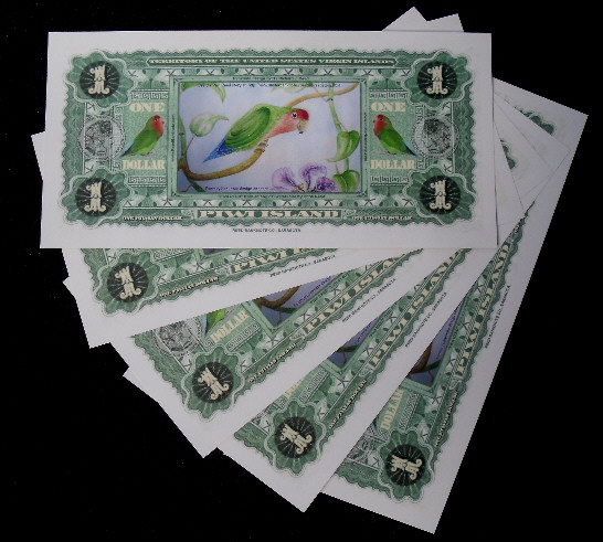 1ST ISSUE PIWI ISLAND USVI LOVEBIRD POLYMER 1 PIWIAN $ FANTASY ART BANKNOTE!